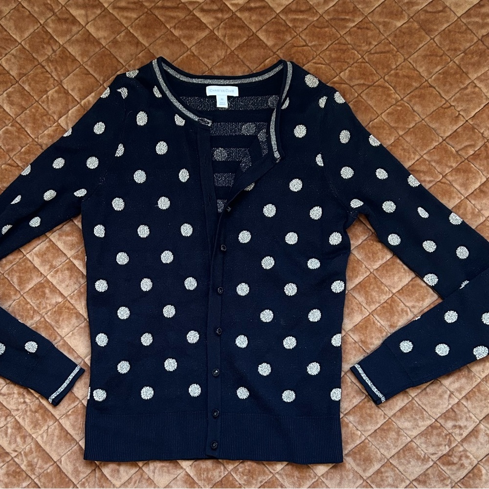 Charter club black gold polka dots cardigan women’s size XS